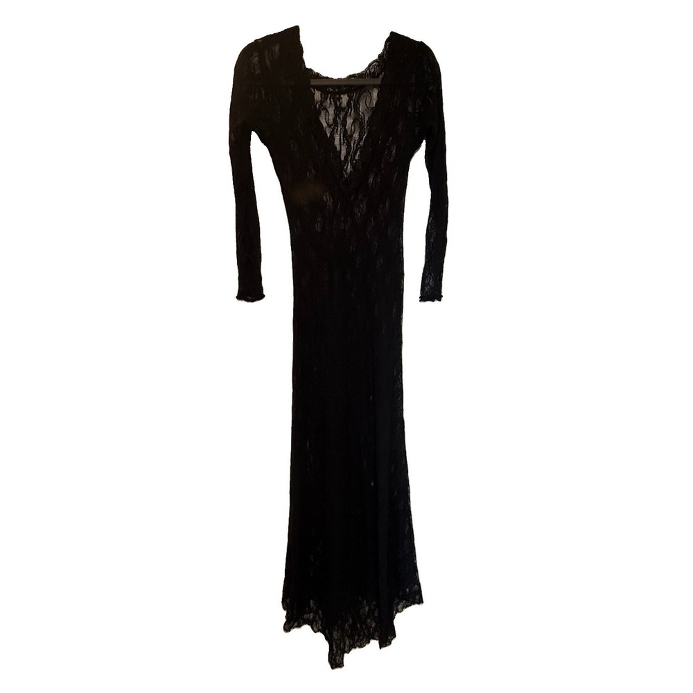Elegant Moments Black Lace Gown Nightgown Open Back Long Sleeve Sheer Dress M